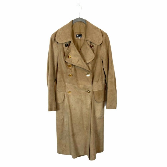 Suede Hipster Trench Coat Pemsa Vintage Women's Khaki Long Sleeve Size S/M - Picture 1 of 12
